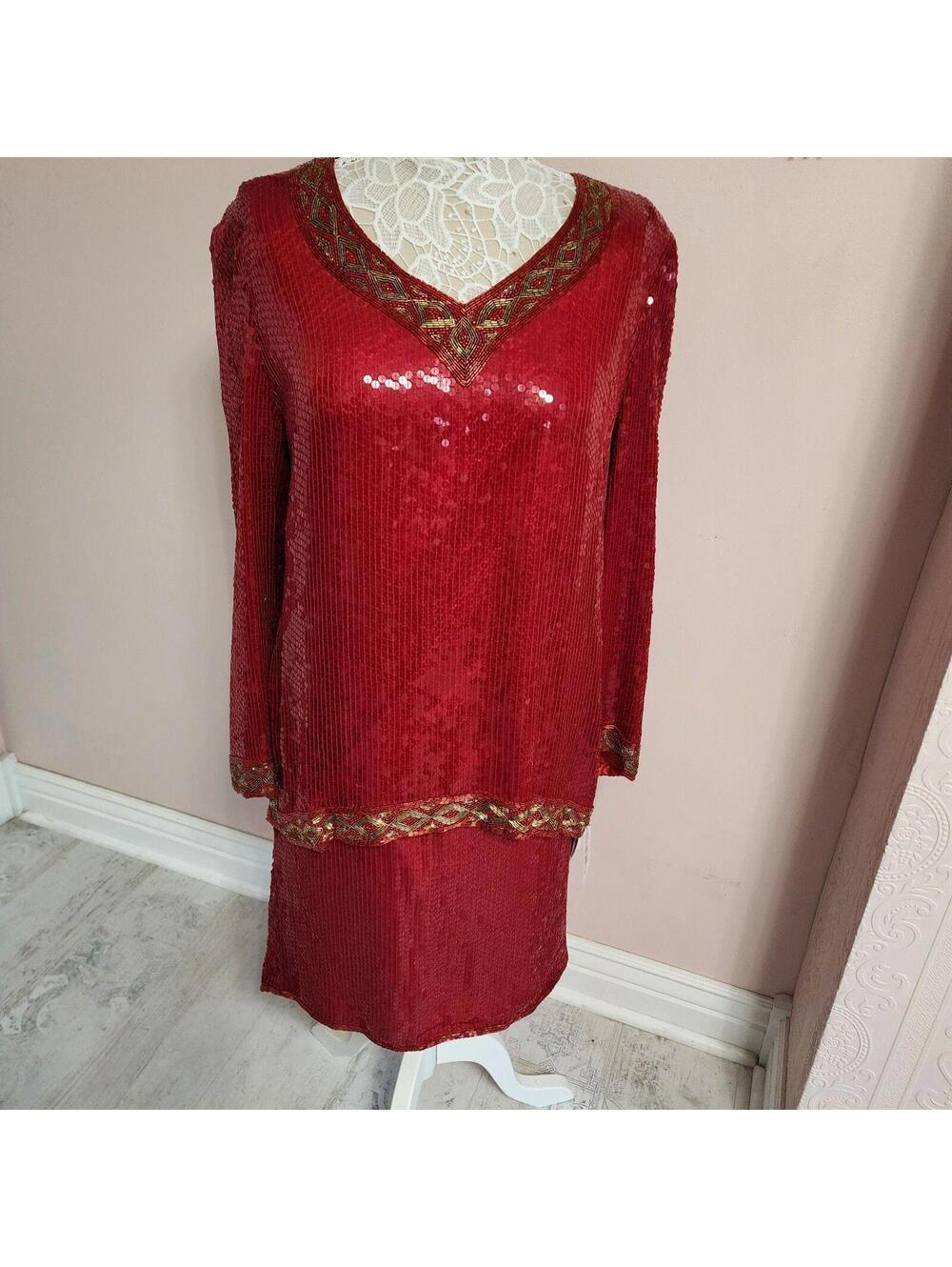 NWT Joan Leslie Vintage Red Silk Sequin 2 Piece Skirt Set XL Holiday Glam - Picture 1 of 9
